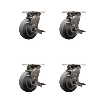 5 Inch 316SS Thermo Rubber Flat Tread Swivel Caster Set w/Roller Bearings&Brakes