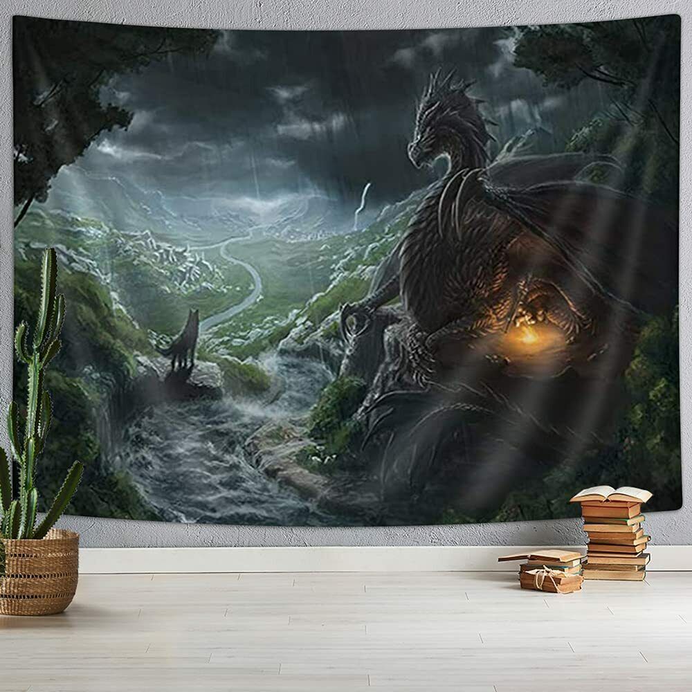 Medieval Dragon Tapestry Wall Hanging Large Fabric Gothic Anime Room Decor