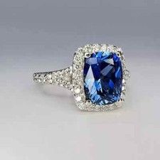 Alianza de diamantes y zafiros naturales talla cojín de 4,20 quilates de oro blanco de 14 quilates talla grande