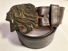 Vintage Chambers Leather Belt Size 30 Hand Tooled Native American Indian Buckle