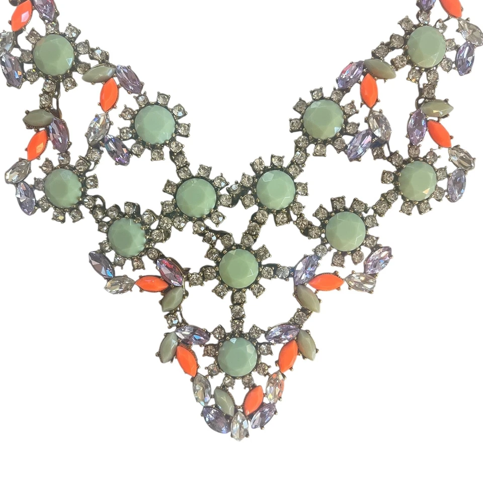 J.Crew Statement Necklace Mint Green Crystal Rhinestone Bib Neon Orange Accents - Image 2 of 4