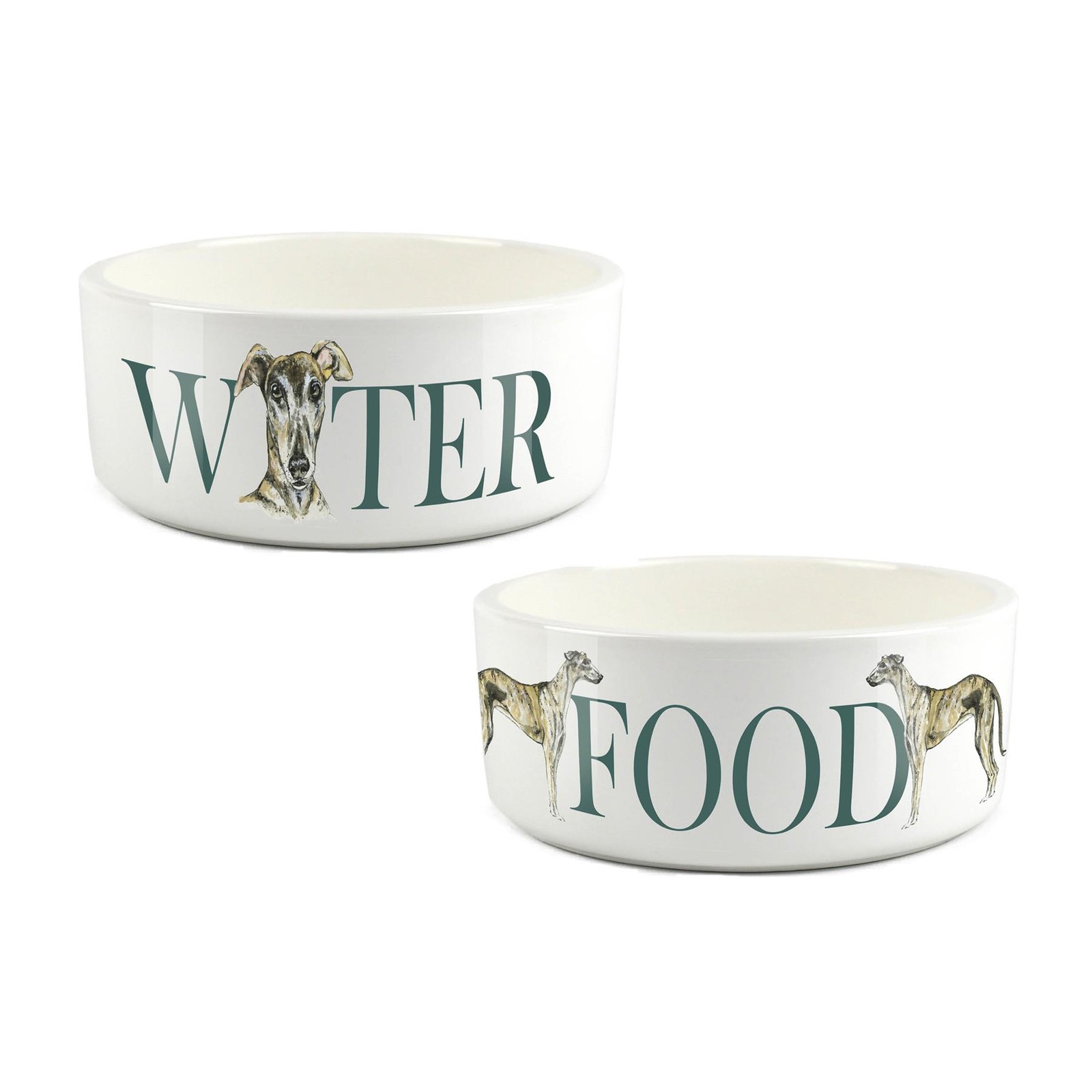 Greyhound Pet Bowl Set - Food & Water Large Ceramic Bowls Dog Portrait Gift