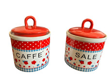 Set 2 Barattoli Cucina Ceramica Caffè Sale Rosso Country Shabby Chic Ermetici