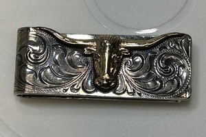 Vtg Vogt Longhorn Hand Engraved Money Clip Sterling Silver & Gold Filled