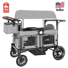 Collapsible Double Wagon Stroller for 2 Kids with Adjustable Canopy, Grey, 44 lb