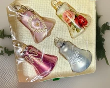 🎄Vintage Krebs Glass Bell Ornaments Hand Decorated Roses Beaded Glitter Set USA