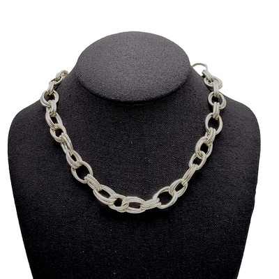 Crown Trifari Silver Tone Textured Double Cable Link Toggle Vtg Necklace 18 inch