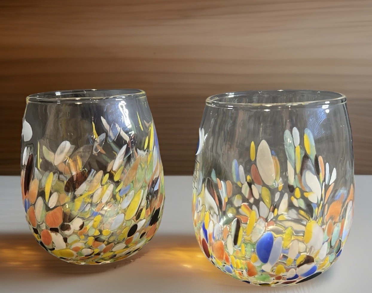 Murano White Crystal Confetti Stemless Wine Glasses Hand Blown Italy New Set/2