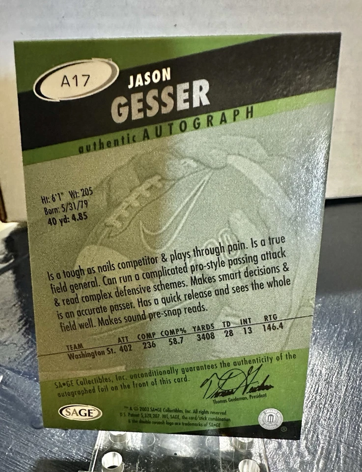 2003 SAGE Hit - Autographs Emerald #A17 Jason Gesser (AU, RC) - Image 2 of 3