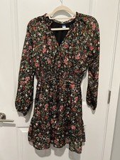 Old Navy Smocked Waist Gold Shine Floral Long Sleeve Ruffled Mini Dress Small