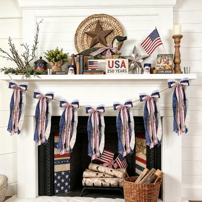 4th of July Decorations 6.6Ft Vintage Patriotic Bow Garland White Red Blue 250th