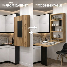 Wall Mounted Folding Table Cabinet White/Oak Compact Kitchen Dining Worktop
