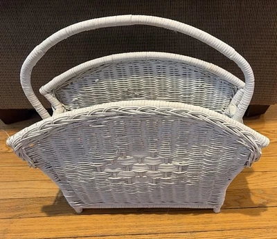 Vintage Wicker Magazine Rack Painted White Shabby Chic Cottage 19"x8"x18" - Image 1 of 4