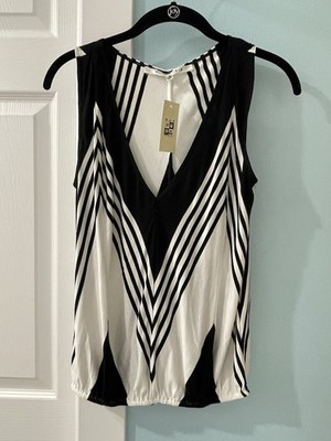NWT Max Studio Womens Sleeveless V Neck Blouse Black & Cream Striped Size M