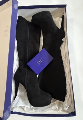 NWT Stuart Weigzman Womens 7M Black Suede Knee HighPlatform Stiletto Boots X/Box