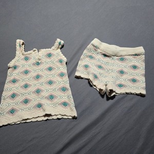 Jessica Simpson Knit Set Kids 4T Cream Pink Teal Diamond Pointelle CD113SH