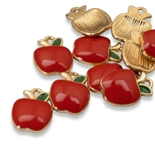 Cute Apple Charms, 10-Pack Glossy Red Enamel with Leaf, Crafting & Teacher Gifts