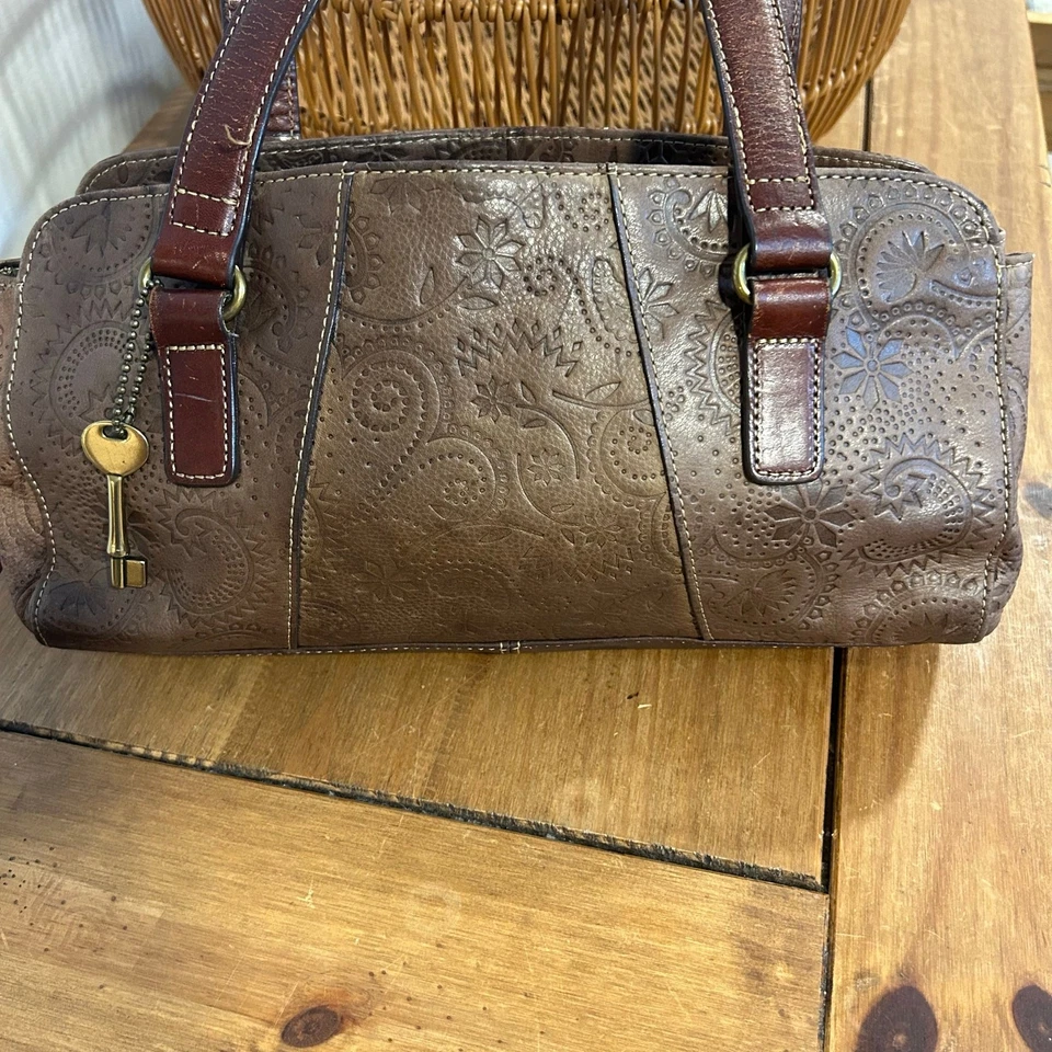 FOSSIL Vintage Leather East West Embossed Paisley Light Brown Dark Handles  - Image 2 of 4