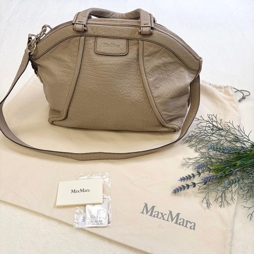 Max Mara Beige Leather 2 Way Shoulder Bag Tote Italy Zip w Strap 39cm