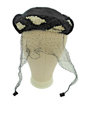 VTG Mid Century Pillbox Style Church Hat Black/White Net Ties One Size