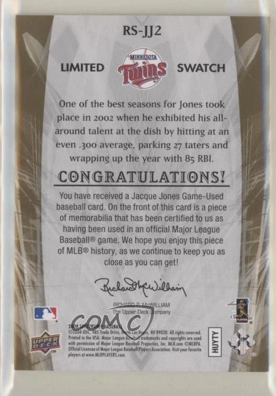 2008 Upper Deck Spectrum Retrospectrum Swatches Gold /25 Jacque Jones Patch - Image 2 of 2