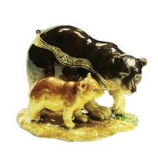 Jeweled Enameled Pewter Mama Bear w/Cub Hinged Trinket Ring Jewelry Box
