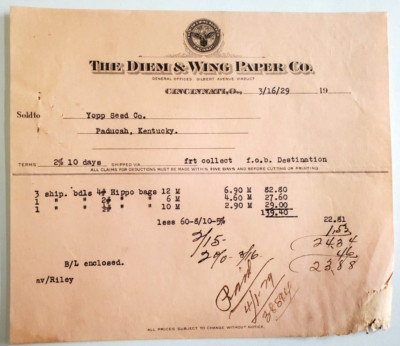 1929 Invoice, The Diem & Wing Paper Co., Cincinnati, Ohio, Yopp Seed, Paducah KY
