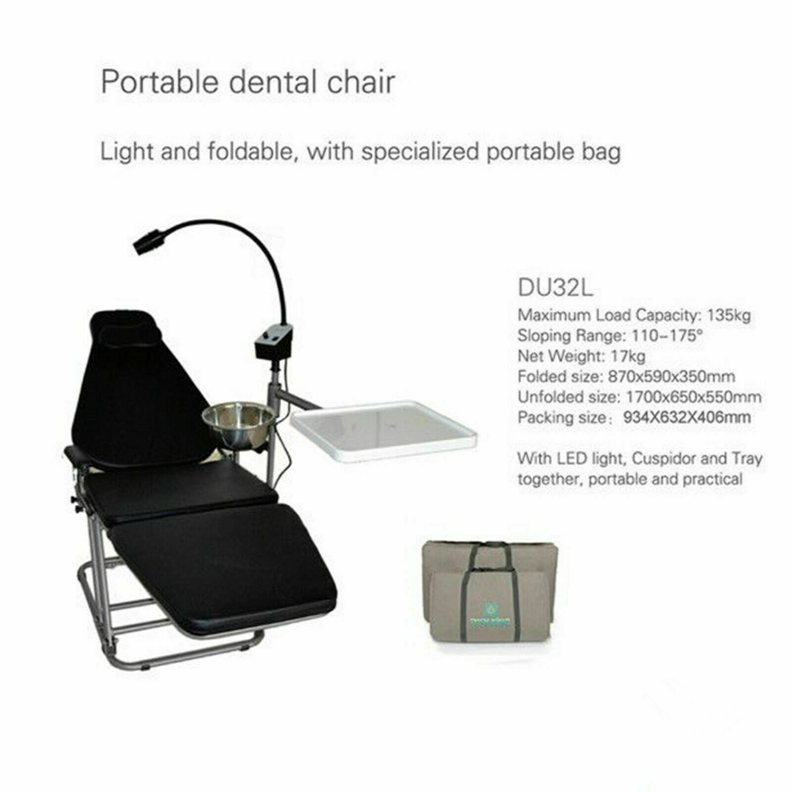 Image 31 - Dynamic DU32L Portable Dental Folding Chair+Tray+LED Examination Light+Nylon Bag