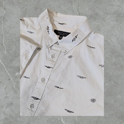 Rag & Bone Shirt Men XXL 2XL Smith Slim Logo Print Short Sleeve Button Grey