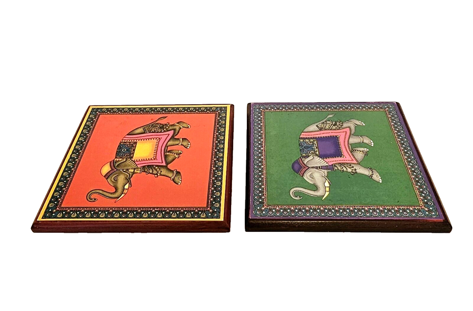 Jim Thompson Pair of Vibrant Elephant Art Prints Applied to 6"x 6" Wood