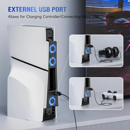Ventola di Raffreddamento Silenziosa Doppia Velocità per Console PS5 Slim con Porta USB 3.0 Extra - Foto 2 di 12