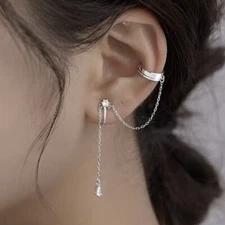 1 Pair Woman Real s925 Sterling Silver Ear Cuff Earrings Stud Tassel Chain New
