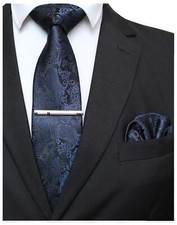 Navy Blue Paisley Tie Wedding Business Silk Necktie and Pocket Square Hankerc...