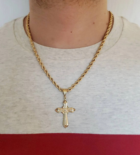 Gold Crucifix Necklace for Men, 4mm French Rope Chain, 14k Heavy Plated Gold - Picture 4 of 7