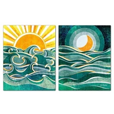 Sun and Moon Wall Art Sea Ocean Landscape Picture Set Decor of 2 Prints, 8"x10"