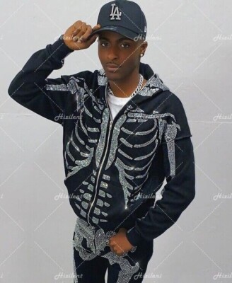 Luxury Diamond Skeleton Rhinestones Gothic Fashion Black Sweatshirt Zip  Jacket | eBay