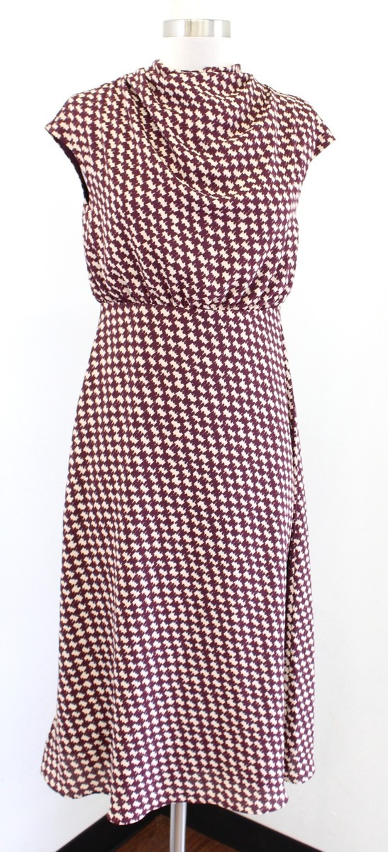 Ann Taylor Maroon Houndstooth Print Blouson Flared Midi Dress Size