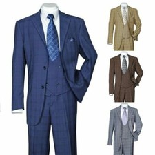 Men's Fancy Luxurious Wool Feel SUIT 3-PC w/ VEST Plaid/ChecksDesign SideVents