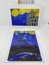 2 Set Starry Night Over Paris & Colosseum LIMITED Giclee Art Prints Eiffel Tower