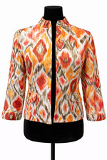 Chico's Womens Open Front Jacket Size 0 Orange Metallic Batik Print Linen Blend