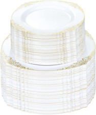 200 PCS White  Gold Plastic Plates 100 Guests Gold Disposable Plates Include