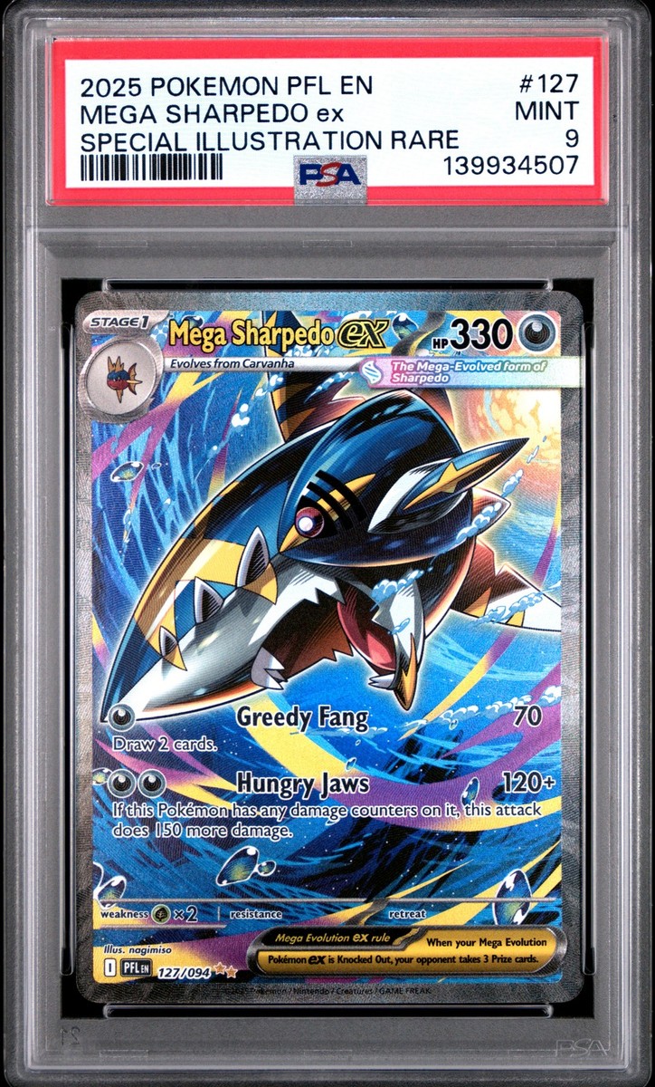 PSA 9 Mega Sharpedo Ex #127 2025 Pokemon Pfl En Phantasmal Flames