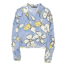 ZARA Femmes Bleu & Jaune Imprimé Chemise Col Manches Longues M Floral Haut Court