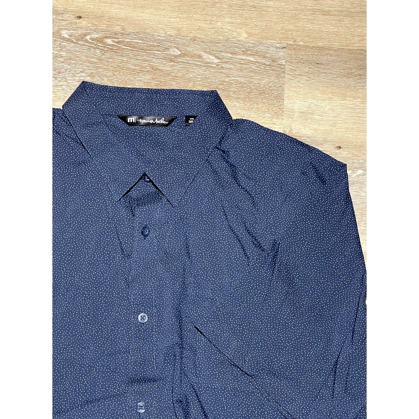TravisMathew Men's Button Up SS Golf Shirt XXL Blue Print Cotton/Spandex Blend