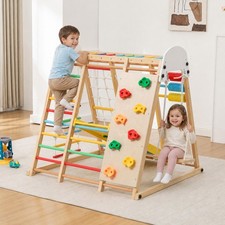 9-in-1 Foldable Kids Climbing Frame Slide, Wooden Toddler Playground