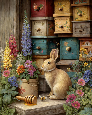 8x10 Cozy Storybook Rabbit Sitting on Bench Surrounded By Art Print - 704788616