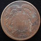 KAPPYSCOINS GH832 1865 BRONZE GOOD PLUS CIVIL WAR DATE $ USED  TWO CENT PIECE