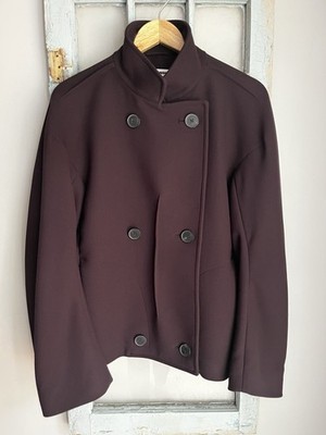 Jil Sander Cropped Double-Breasted High-Neck Jacket Burgundy Plum Cotton Sz 42