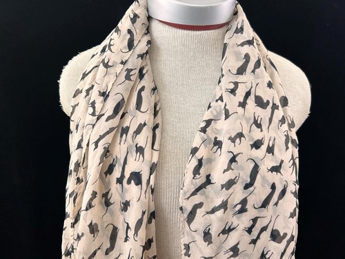 Black tan cats long neck scarf 62 x 28 sheer polyester - Picture 2 of 6