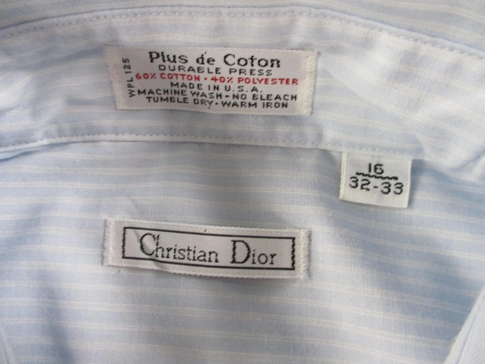 Camisa Christian Dior Para Hombres 16 32-33 Azul Claro Rayas Con Botones Hecha en EE. UU. Bolsillo Foto 4 de 4